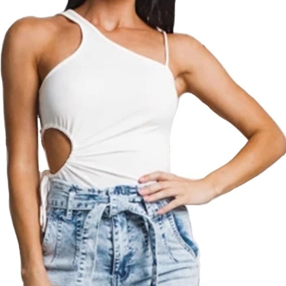NWT Feditch Women's One Shoulder Pleated Side Cut Out Slim Bottoming Bodysuit